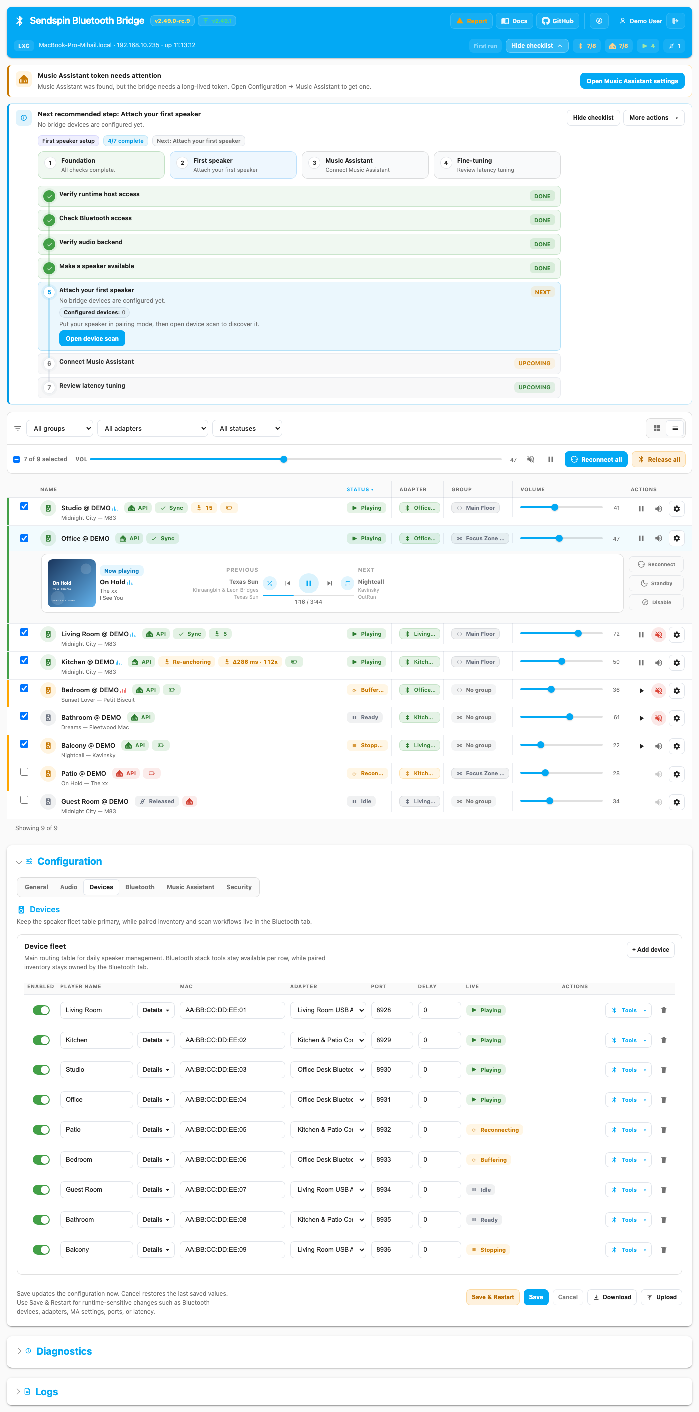 Sendspin Bluetooth Bridge dashboard showing connected speakers, headphones, and soundbars with volume controls and playback status