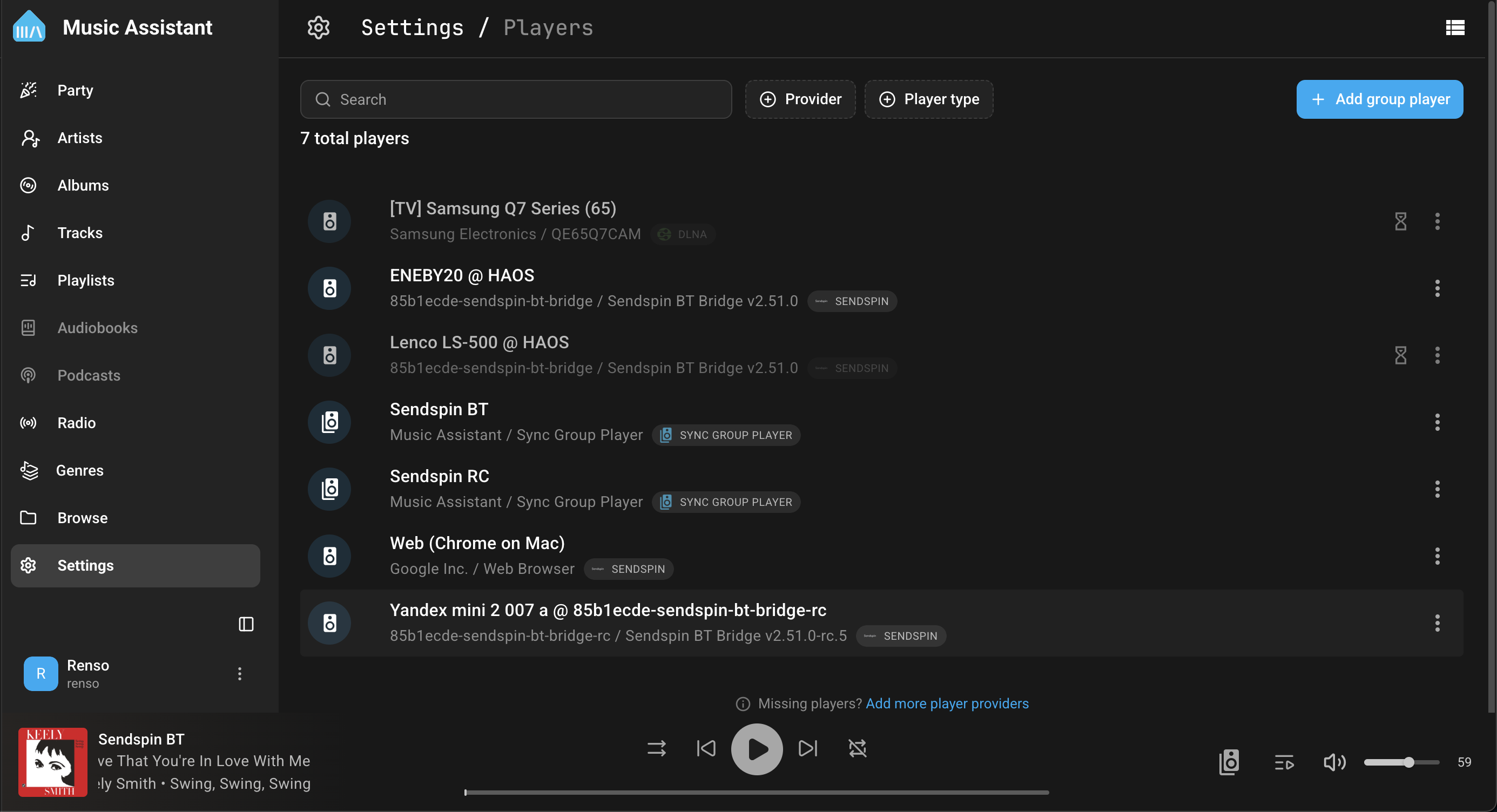 Music Assistant Settings showing Sendspin BT Bridge players alongside DLNA and sync group players